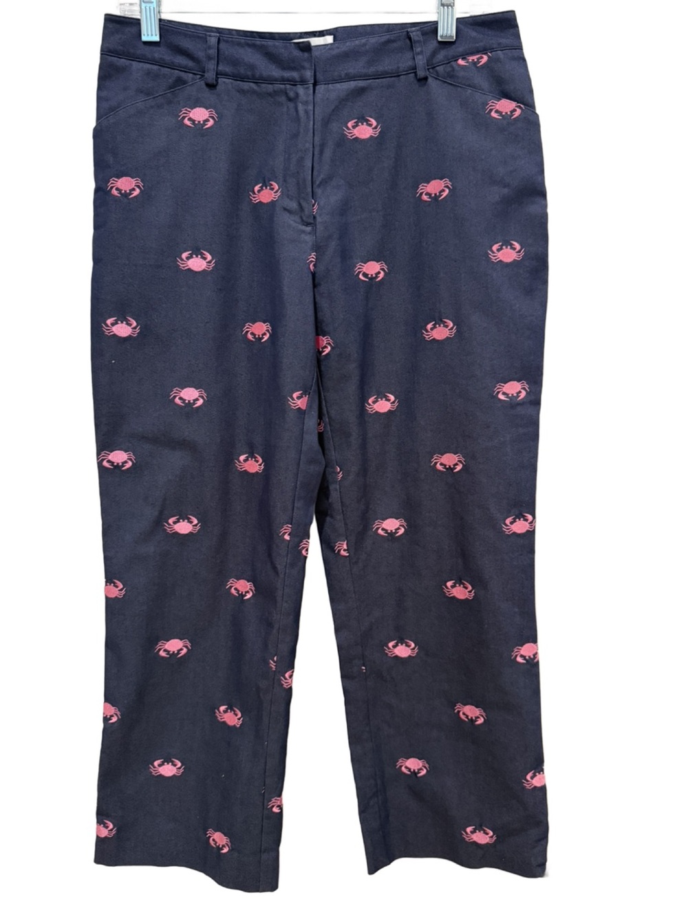 Lilly Pulitzer Navy Blue Denim Crop Pants with Pink Crab Embroidery. Size 6 - Picture 1 of 10